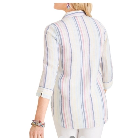 Chico’s pastel stripe no iron 3/4 sleeve button down linen shirt size large - Picture 2 of 6